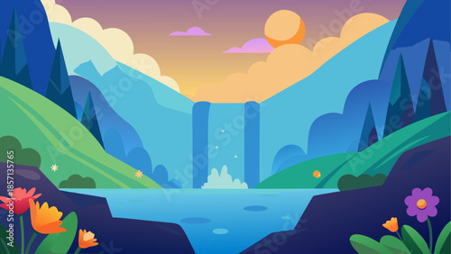 Serene mountain lake at sunset