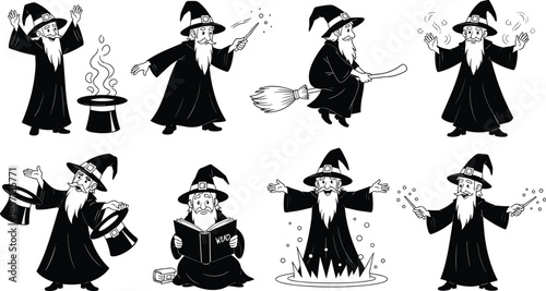 Black and white vector set of cute cartoon wizards performing magic, flying on brooms, and reading spells for fantasy designs.