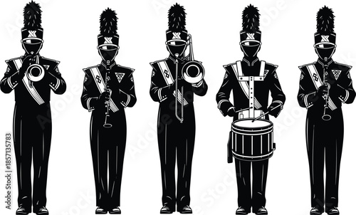 Black and white vector illustration of marching band musicians playing trumpet, trombone, flute, and drums isolated on white background,