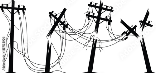 Black silhouette of broken electric utility poles with tangled power lines and damaged transformers isolated on white background for disaster.