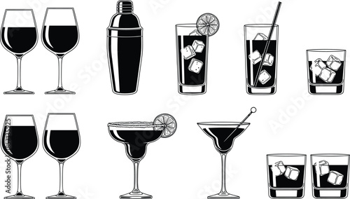 Black and white vector set of various cocktail glasses, wine, whiskey, margarita, martini, and shaker isolated on white background for.