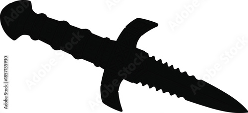Black silhouette of a sharp tactical dagger, medieval fantasy blade, combat knife for self defense, military weapon, and ancient warrior gear.