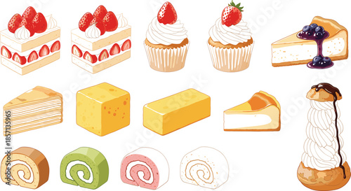 Large collection of bakery dessert vectors featuring strawberry shortcake blueberry cheesecake vanilla cupcakes swiss rolls and gourmet pastries for cafe menu design.