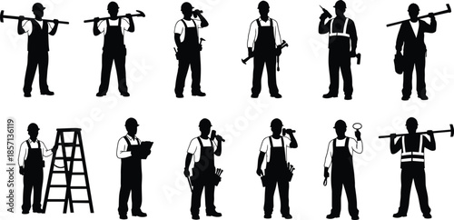 Black silhouette set of construction workers, builders, and contractors with tools and equipment isolated on white background for industrial design.