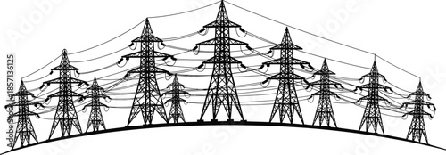 Black silhouette set of high voltage electric transmission towers and power lines for energy grid infrastructure isolated on white background,