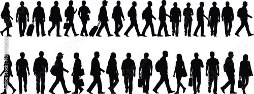 Black silhouette set of people walking and commuting with bags and suitcases isolated on white background for urban lifestyle concepts.