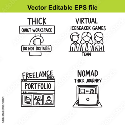  vector editable eps file with various office and workspace icons and signs