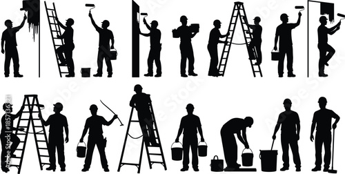 Black silhouette set of professional painters, decorators, and workers with ladders, rollers, and buckets for home renovation and commercial painting.