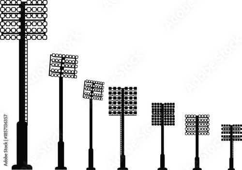 Black silhouette set of stadium floodlights and sports arena light towers isolated on white background for evening game events design.
