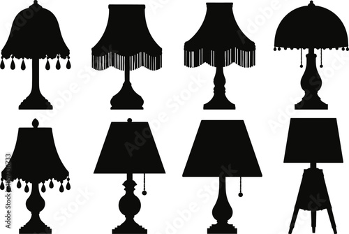 Black silhouette set of various vintage and modern table lamps with different shades isolated on white background for interior decor.