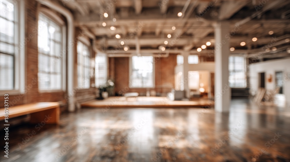 Fototapeta premium Blurry Loft Studio Space with Urban Industrial Interior Design.