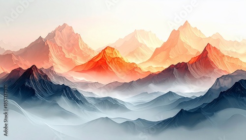 Abstract mountain scene showcasing layered peaks with atmospheric gradients of orange and blue