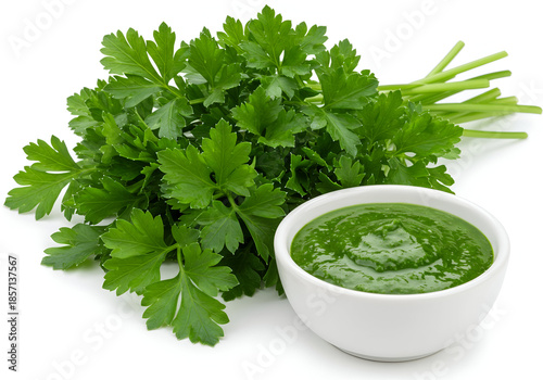 Fresh parsley leaves and vibrant green parsley sauce served as a flavorful herb garnish and condiment