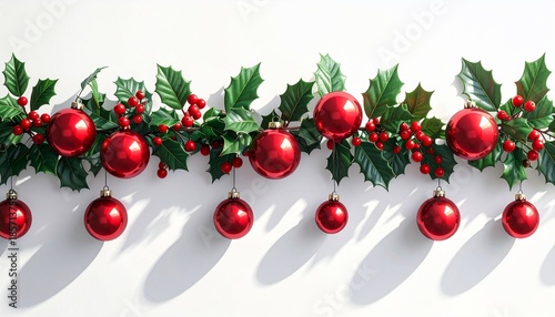 Festive garland of glossy red ornaments, holly leaves, and berries against a white background
