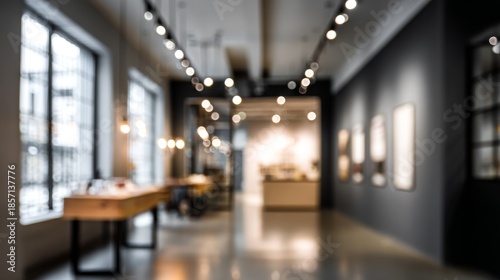 Blurred Art Gallery Interior with Modern Lights and Displays.