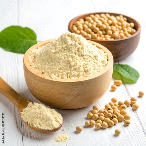A wooden bowl filled with flour on a white wood surface, with soybeans and green leaves in the background
