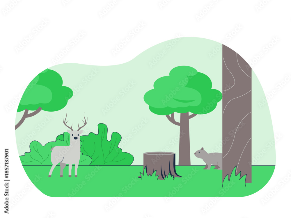 Obraz premium A forest or tree scene showing wildlife such as deer and a squirrel hidden behind a tree trunk. Ecosystem vector illustration. Flat illustration concept.