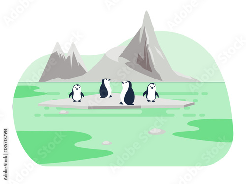 Four penguins standing on an ice floe in a body of water with mountains in the background. Ecosystem vector illustration. Flat illustration concept.