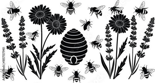 Black silhouettes of honey bees flying around wild flowers lavender and a beehive for nature garden environment and honey production