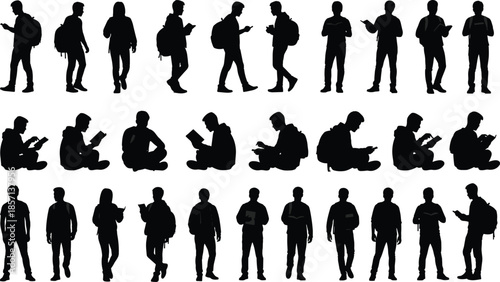 Black silhouettes of male and female students standing and sitting while using mobile phones and reading books for college campus life