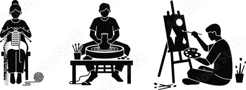 Black silhouettes of people enjoying creative hobbies, including knitting, pottery making, and painting on canvas, set against a clean white background.