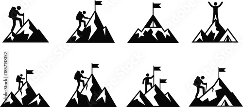 Black silhouettes of mountain climbers hiking up peaks and reaching the summit with flags for outdoor adventure sports and success