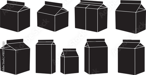 Black cartons or boxes in different sizes and orientations