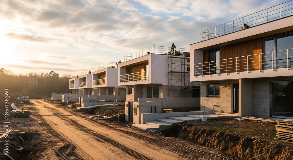 Fototapeta premium Modern Residential Construction Site at Golden Hour