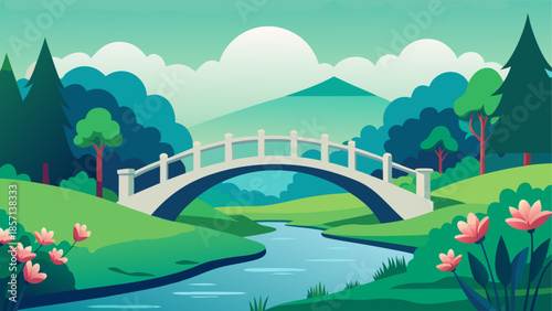 Serene landscape with bridge and flowers