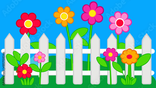 Colorful flowers behind a white picket fence