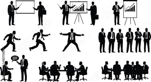 Business Professional Silhouettes Collection Featuring Corporate Meetings Success Presentations Office People Teamwork Collaboration Financial Growth Charts Career Development And Leader Concepts