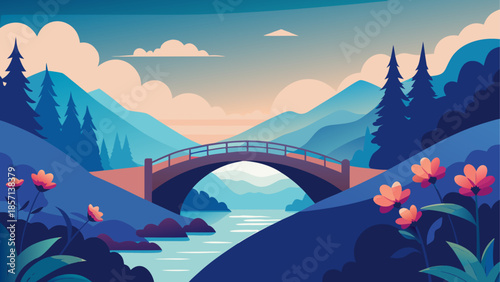 Serene mountain bridge at sunset