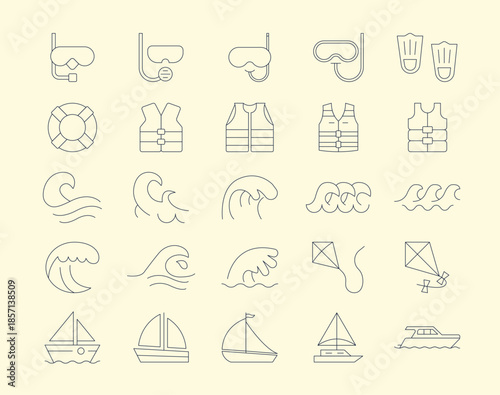 Beach icons set. A collection of simple vector beach icons in a modern thin line style. Vector illustrations.