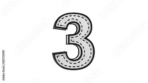 3D Number 3 with road markings on transparent background