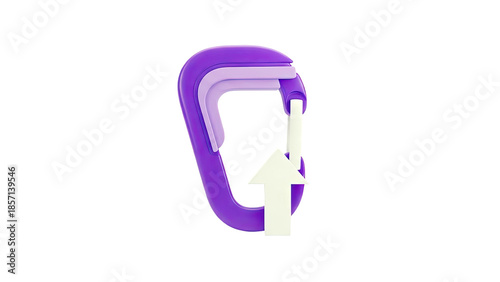 3D Purple climbing carabiner with a white upward arrow on transparent background