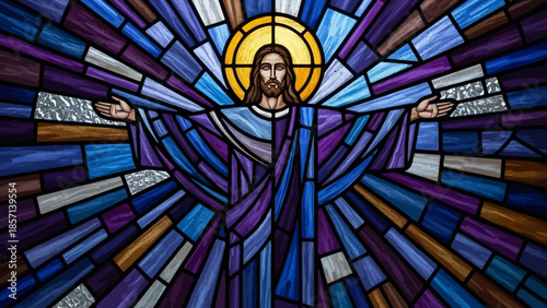 Vibrant stained glass artwork of Jesus Christ with open arms