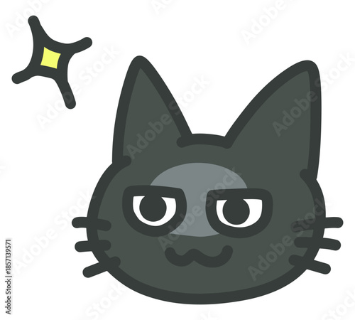 ニヤリと企む黒猫のイラスト。ひらめきや自信に満ちた猫の表情