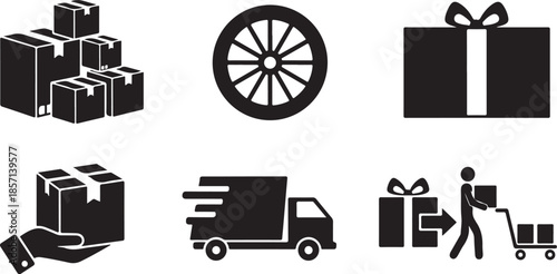 Collection of black and white icons representing shipping logistics and delivery services
