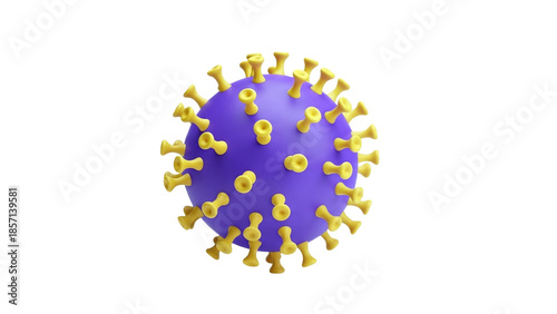 3D Purple virus particle with yellow spikes, 3D render on transparent background