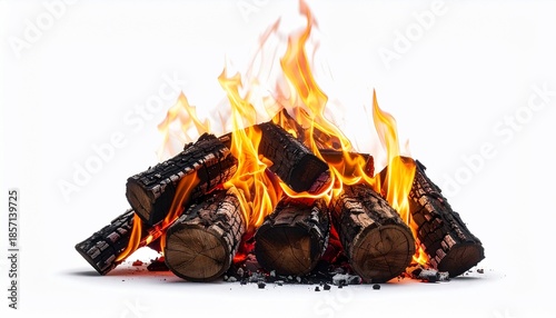 A pile of burning firewood with bright orange flames, isolated on a white background