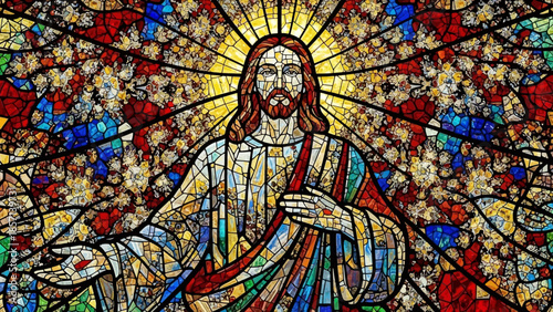 Vibrant stained glass artwork of Jesus Christ with colorful floral background