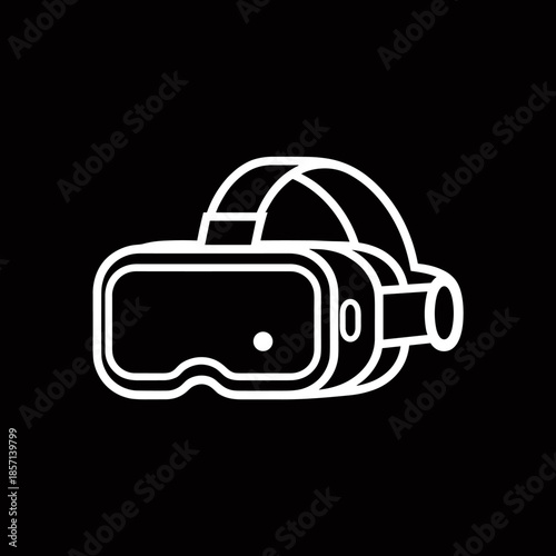White outline icon of a virtual reality headset on a black background, representing immersive digital experiences.