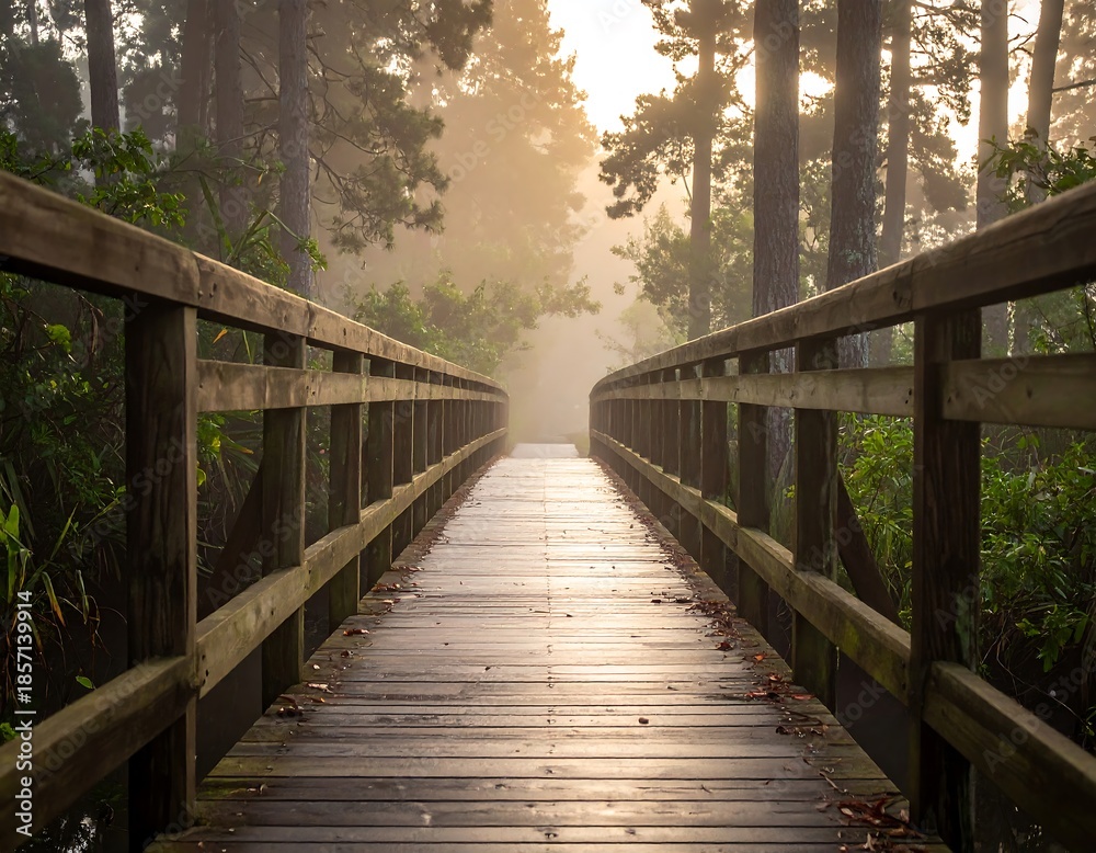 Obraz premium A wooden bridge through a misty forest, leading towards a bright opening in the distance. Sunlight shines