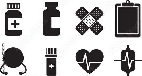 Collection of essential black medical and healthcare equipment icons set