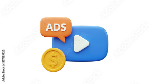 3D Video Ads and Money Icon 3D Render on transparent background
