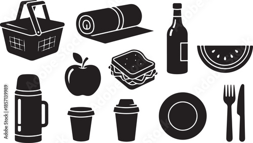 Collection of black and white icons representing picnic food and accessories
