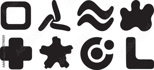 Collection of eight playful abstract black shapes and icons design elements
