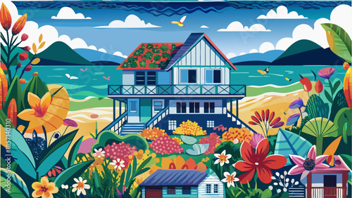 Vibrant coastal cottage surrounded by lush blooms