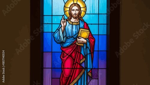 Vibrant stained glass window of Jesus Christ in blue and red robes