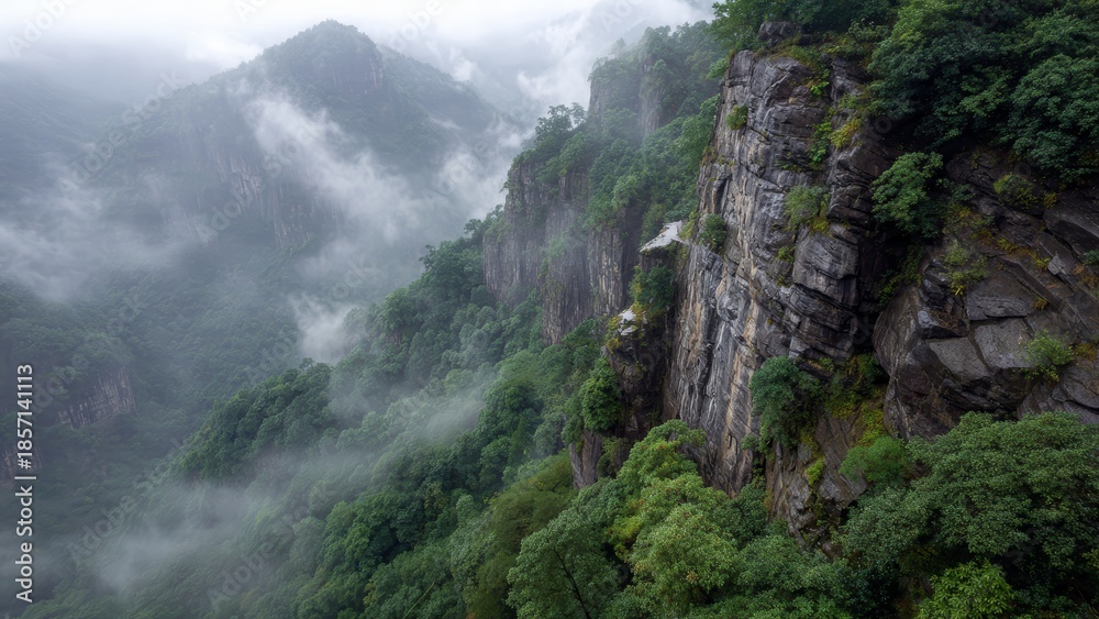 Obraz premium Steep verdant cliffs shrouded in mist and clouds dense forest covers the valley